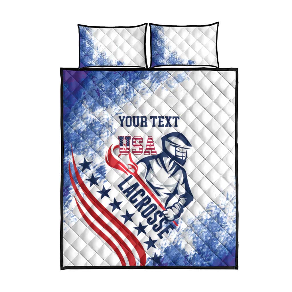 White quilt and two pillow shams with blue/red lacrosse graphic and "YOUR TEXT"