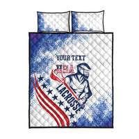 White quilt and two pillow shams with blue/red lacrosse graphic and "YOUR TEXT"
