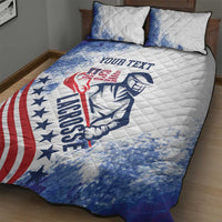 White quilt bed set featuring a large blue/red lacrosse emblem and "YOUR TEXT"