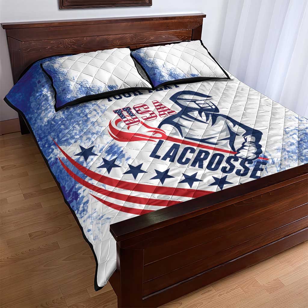 White quilt bed set with blue/red lacrosse logo and "YOUR TEXT" on comforter