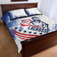 White quilt bed set with blue/red lacrosse logo and "YOUR TEXT" on comforter