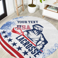 Round lacrosse rug with US flag grunge print, player graphic and 'YOUR TEXT'.