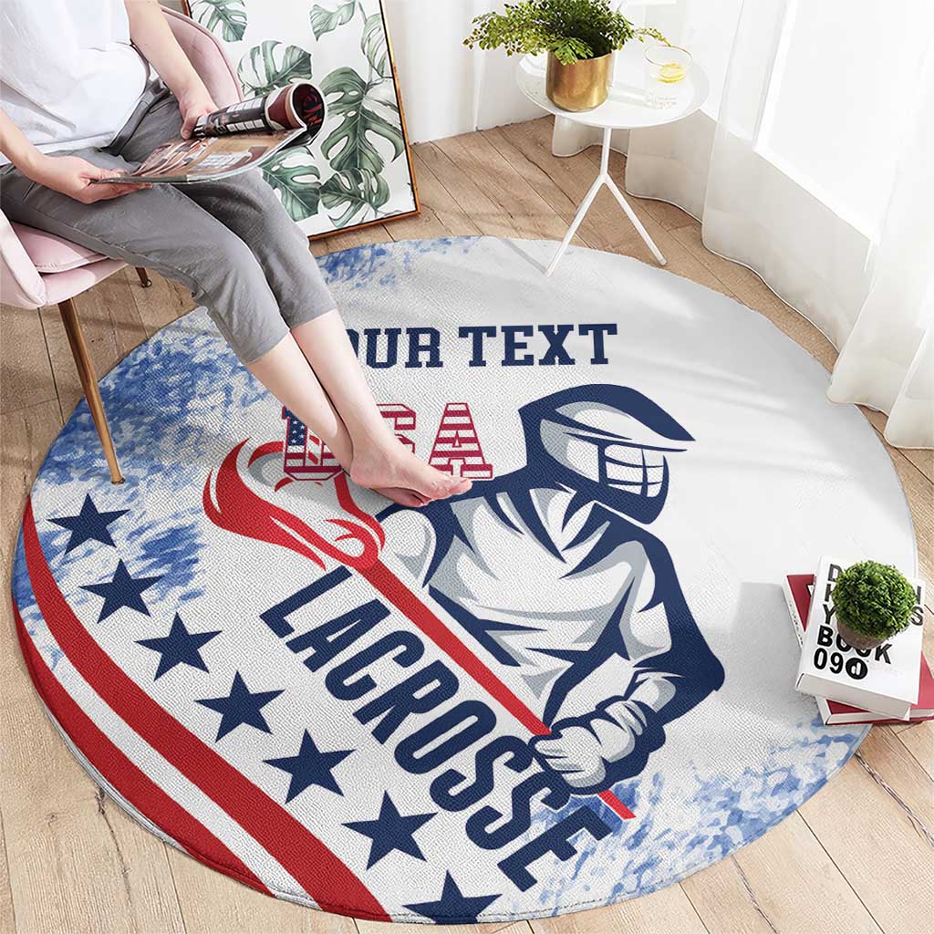 Round lacrosse rug with US flag grunge print, 'YOUR TEXT', held by a person.