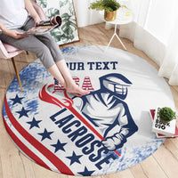 Round lacrosse rug with US flag grunge print, 'YOUR TEXT', held by a person.