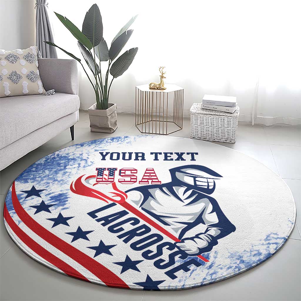 Round lacrosse rug with US flag grunge print, lacrosse helmet graphic and 'YOUR TEXT'.
