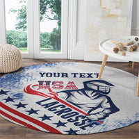 Round lacrosse rug with diagonal US flag grunge stripe and 'YOUR TEXT'—corner close-up.