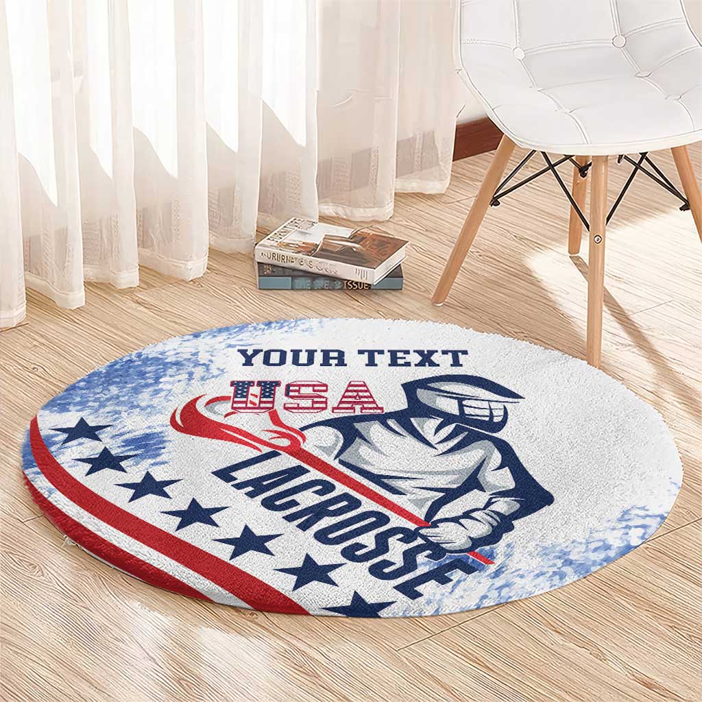 Round lacrosse rug with US flag grunge print and lacrosse player graphic, 'YOUR TEXT'.