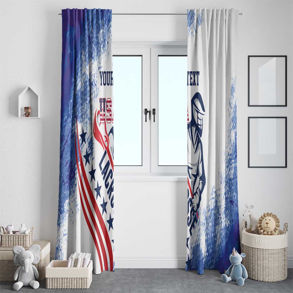 Lacrosse window curtains in blue and white grunge with U.S. emblem and custom text