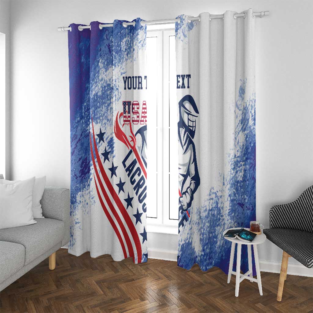 Full-length lacrosse window curtains, blue grunge print with U.S. emblem and custom text
