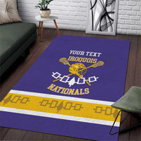 Custom Iroquois lacrosse area rug in purple with gold border and central mascot graphic