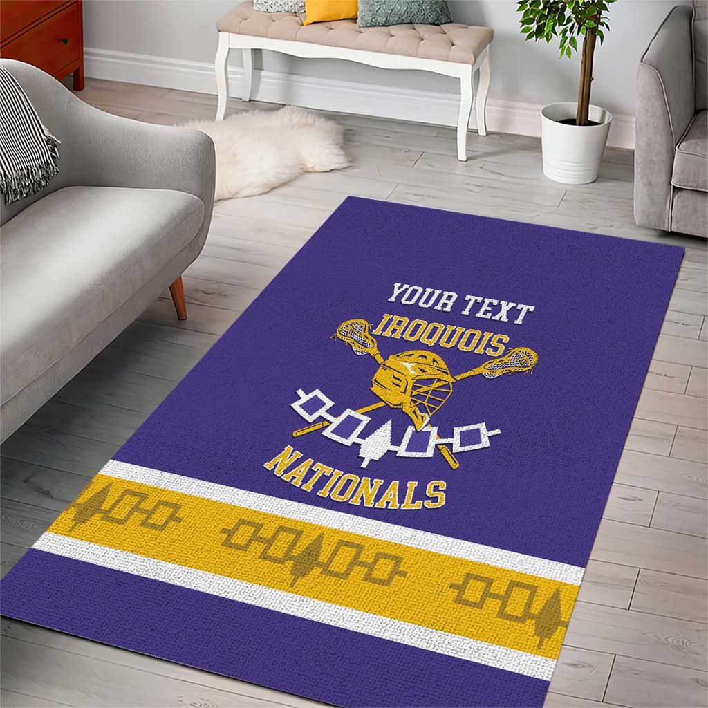 Purple Iroquois lacrosse area rug with gold geometric border and center 'YOUR TEXT' mascot