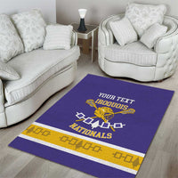 Custom Iroquois lacrosse area rug in purple with gold geometric trim and mascot logo