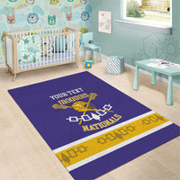 Purple Iroquois lacrosse area rug with gold border, white stripe, and mascot graphic