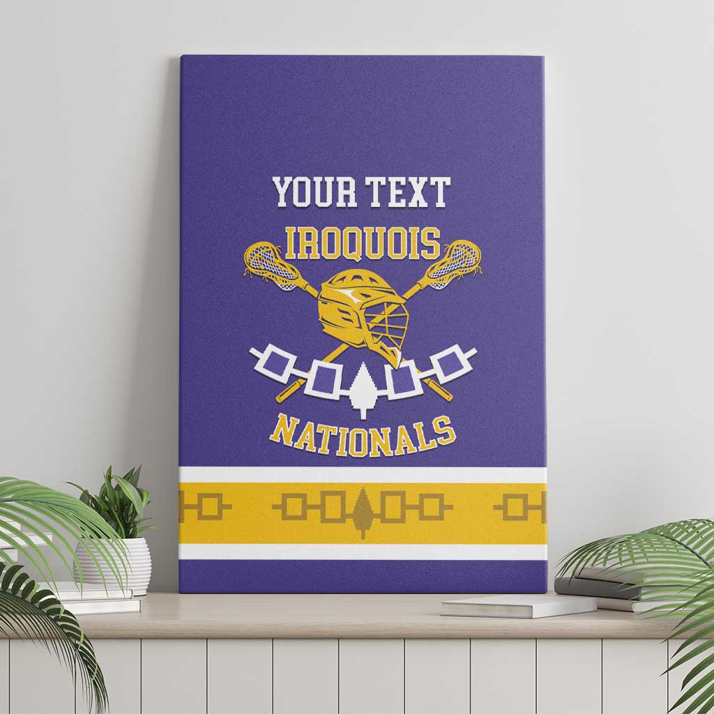 Purple lacrosse canvas wall art with Iroquois Nationals logo and customizable text
