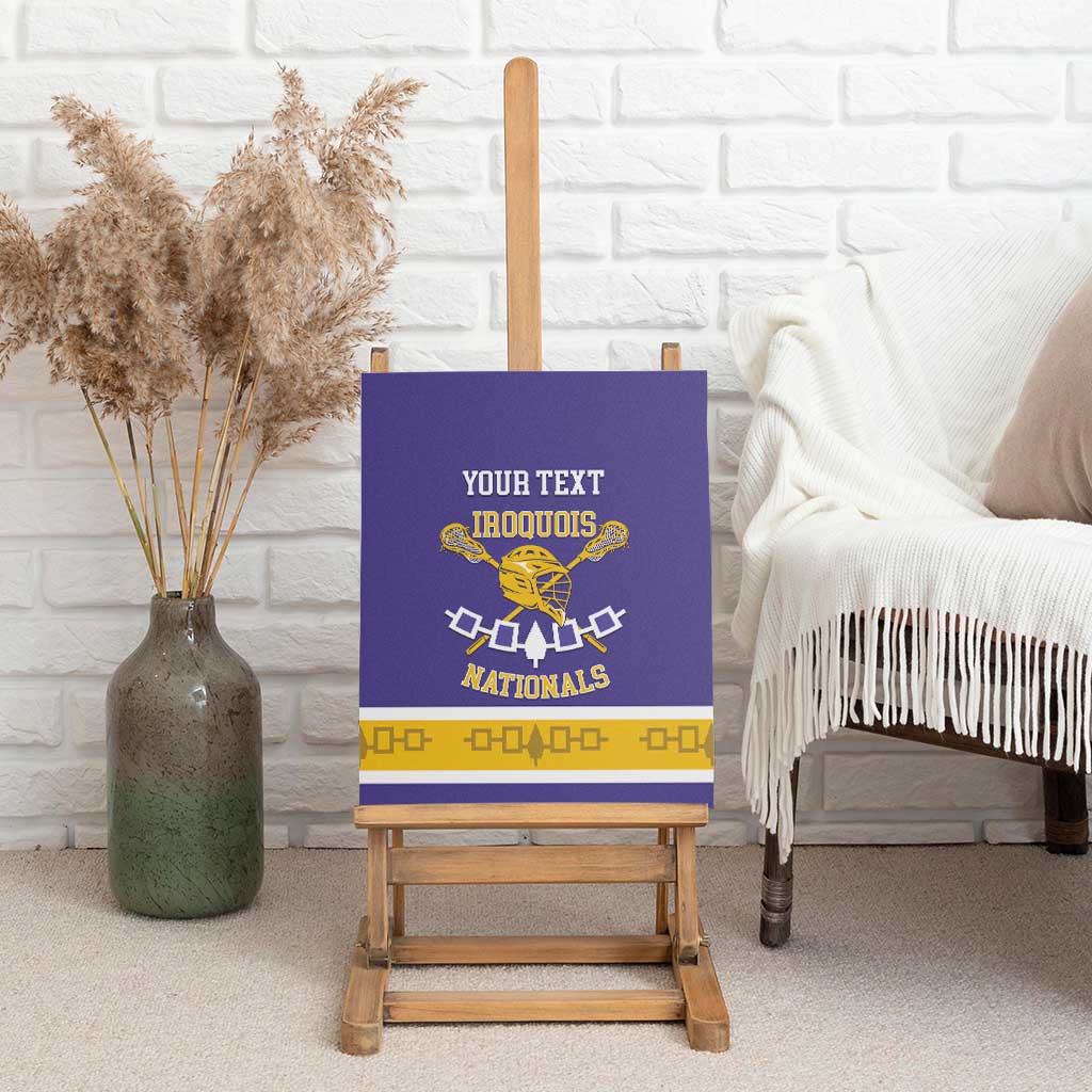 Framed purple lacrosse canvas wall art with Iroquois Nationals logo and customizable text
