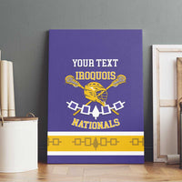 Purple framed lacrosse canvas wall art with Iroquois Nationals logo and customizable text
