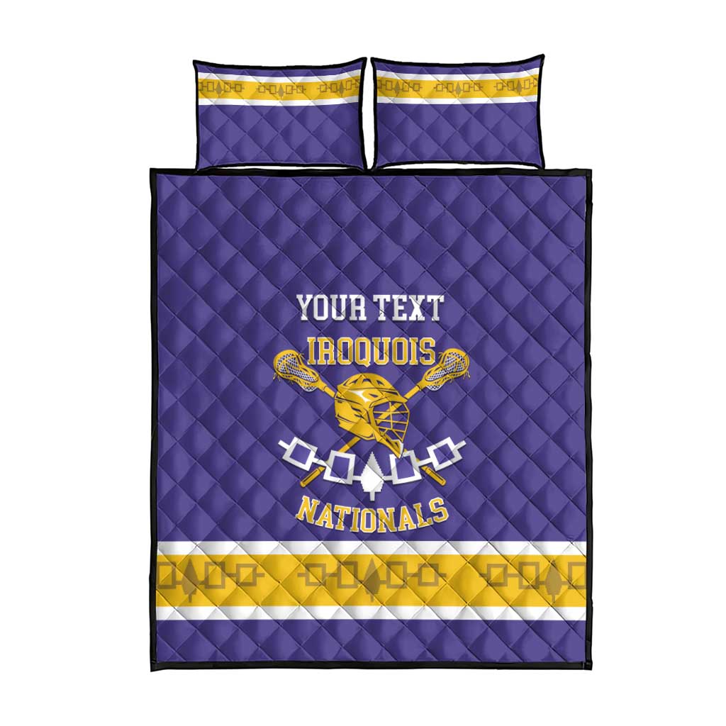 Purple lacrosse quilt bed set with two pillows, yellow border, IROQUOIS crest and YOUR TEXT