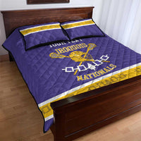 Purple lacrosse quilt bed set with yellow stripe, IROQUOIS crest, YOUR TEXT and NATIONALS
