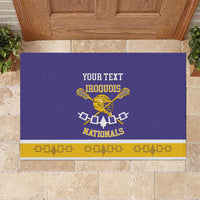 Purple rubber doormat with custom text and Iroquois Nationals lacrosse emblem