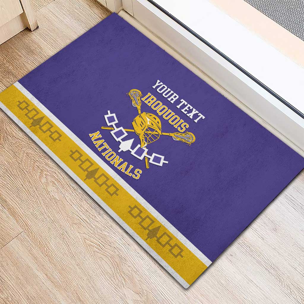 Purple rubber doormat with custom text and Iroquois Nationals emblem, yellow-and-white trim