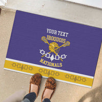 Purple rubber doormat with custom text, Iroquois Nationals emblem, yellow stripe trim
