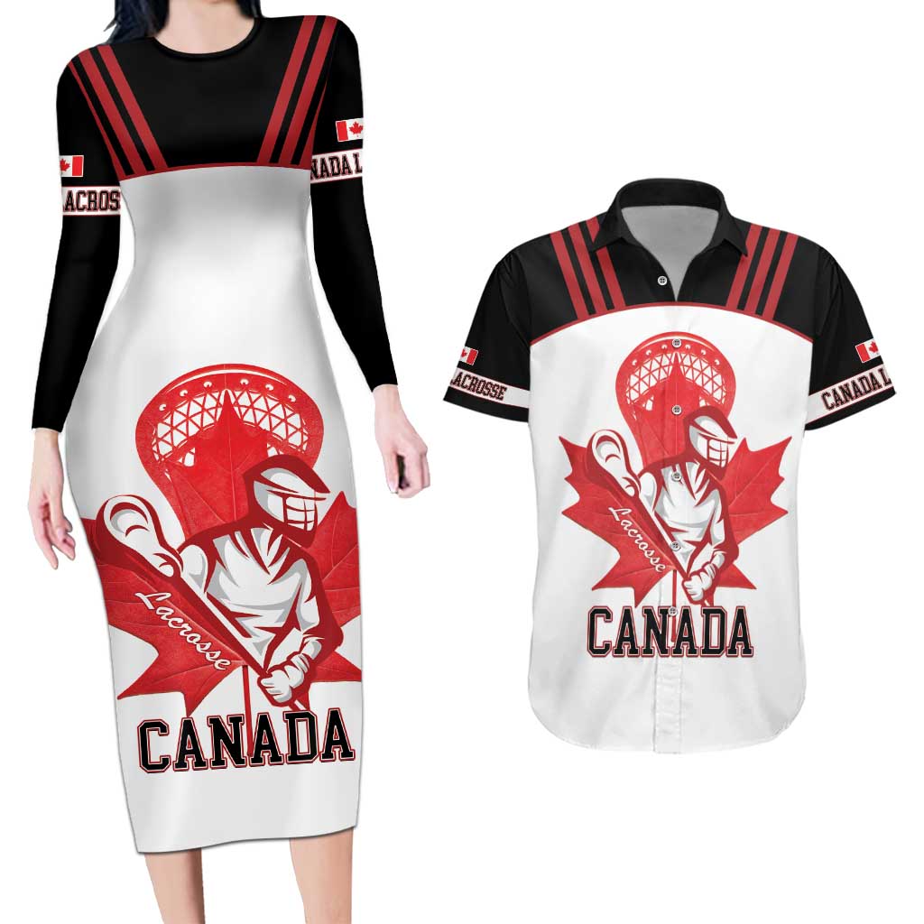 Custom Canada Lacrosse Couples Matching Long Sleeve Bodycon Dress and Hawaiian Shirt Go Champions Maple Leaf