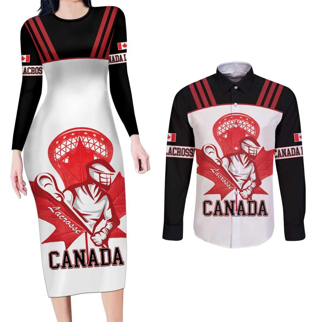 Custom Canada Lacrosse Couples Matching Long Sleeve Bodycon Dress and Long Sleeve Button Shirt Go Champions Maple Leaf