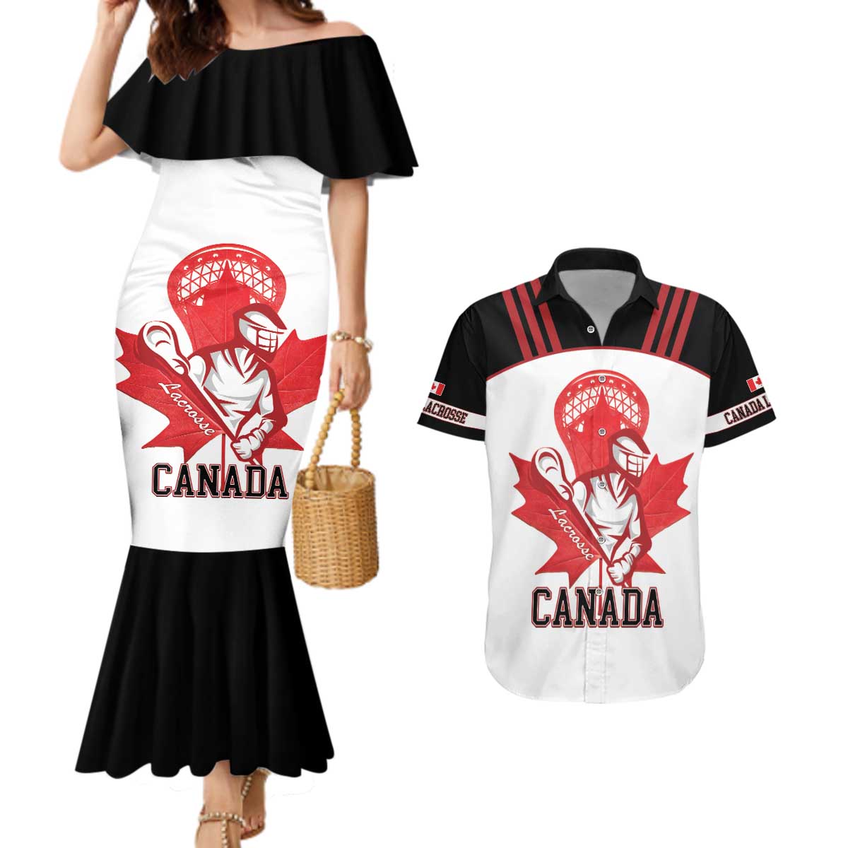 Custom Canada Lacrosse Couples Matching Mermaid Dress and Hawaiian Shirt Go Champions Maple Leaf