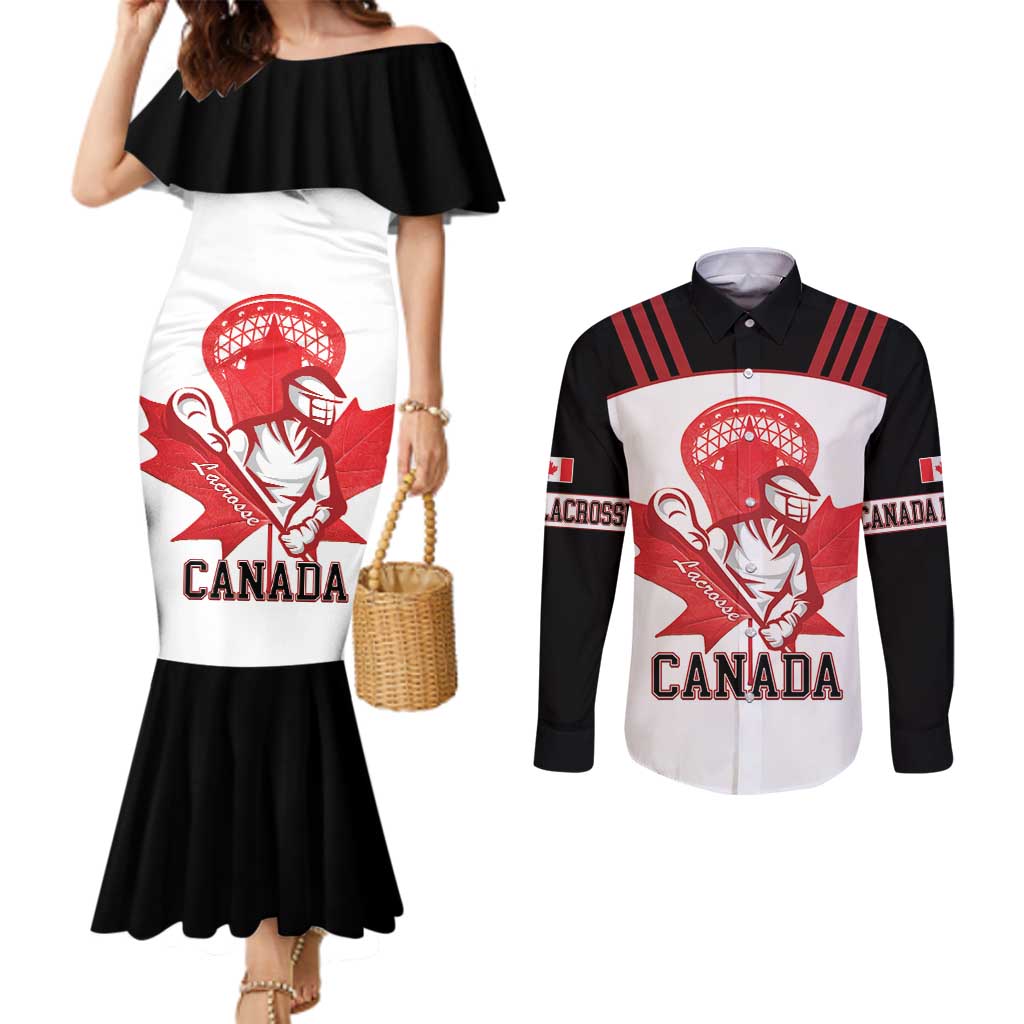 Custom Canada Lacrosse Couples Matching Mermaid Dress and Long Sleeve Button Shirt Go Champions Maple Leaf