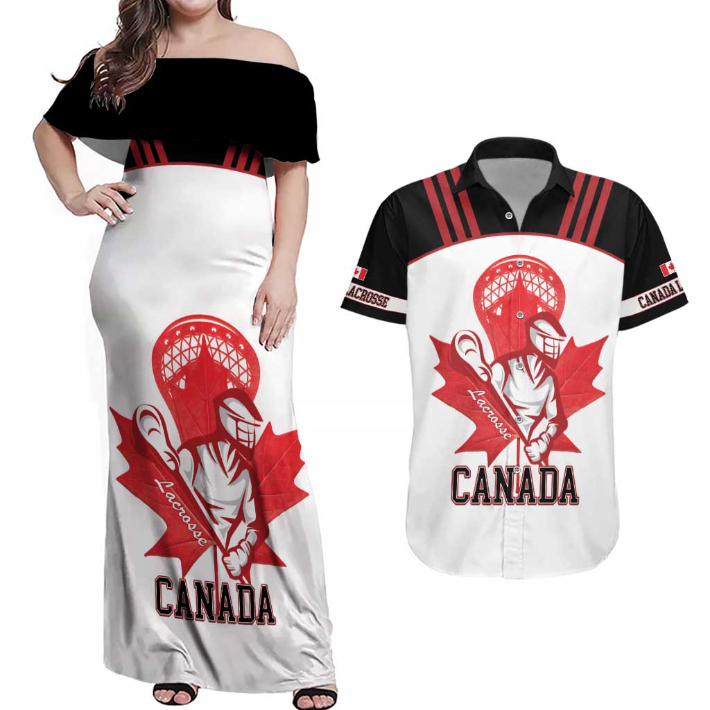 Custom Canada Lacrosse Couples Matching Off Shoulder Maxi Dress and Hawaiian Shirt Go Champions Maple Leaf