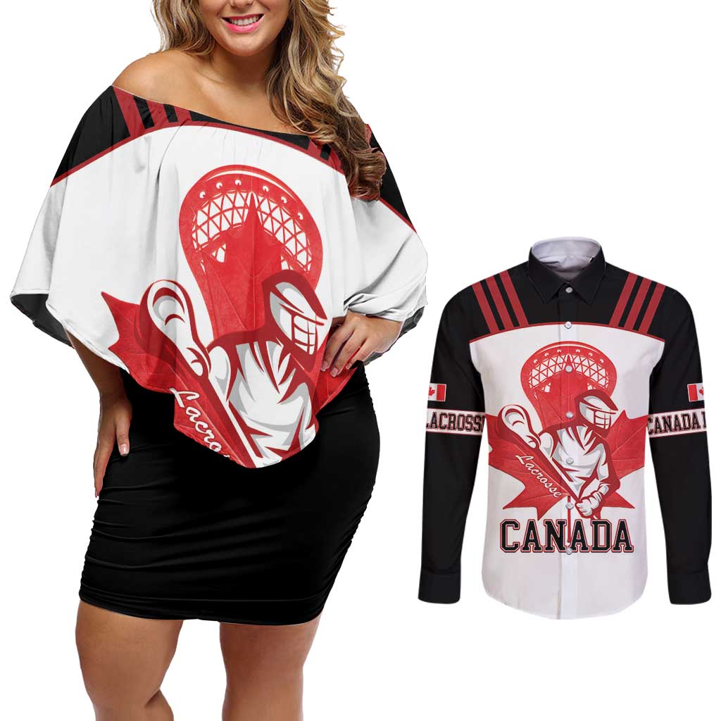 Custom Canada Lacrosse Couples Matching Off Shoulder Short Dress and Long Sleeve Button Shirt Go Champions Maple Leaf