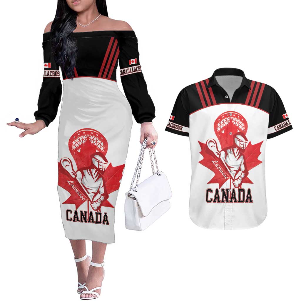 Custom Canada Lacrosse Couples Matching Off The Shoulder Long Sleeve Dress and Hawaiian Shirt Go Champions Maple Leaf