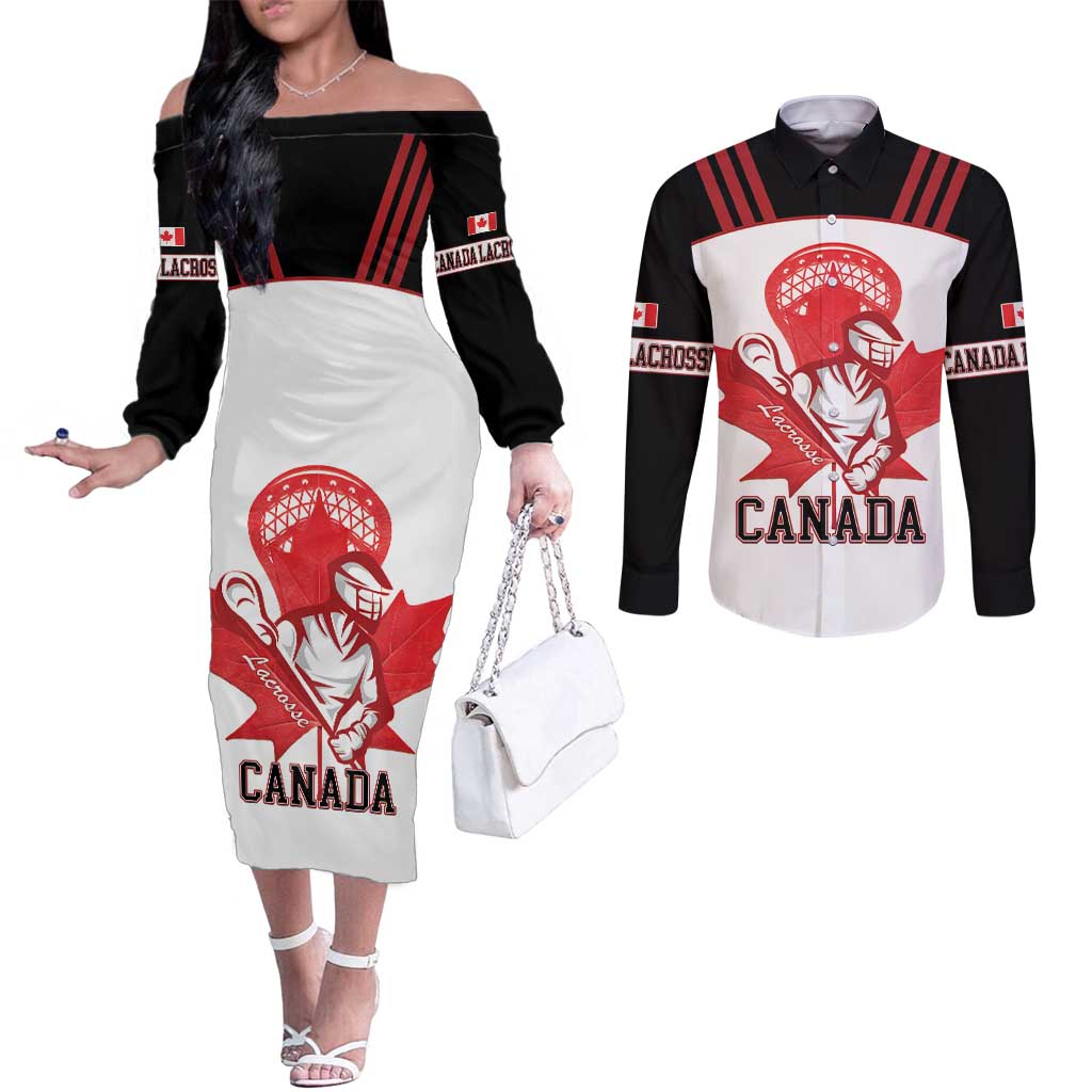 Custom Canada Lacrosse Couples Matching Off The Shoulder Long Sleeve Dress and Long Sleeve Button Shirt Go Champions Maple Leaf