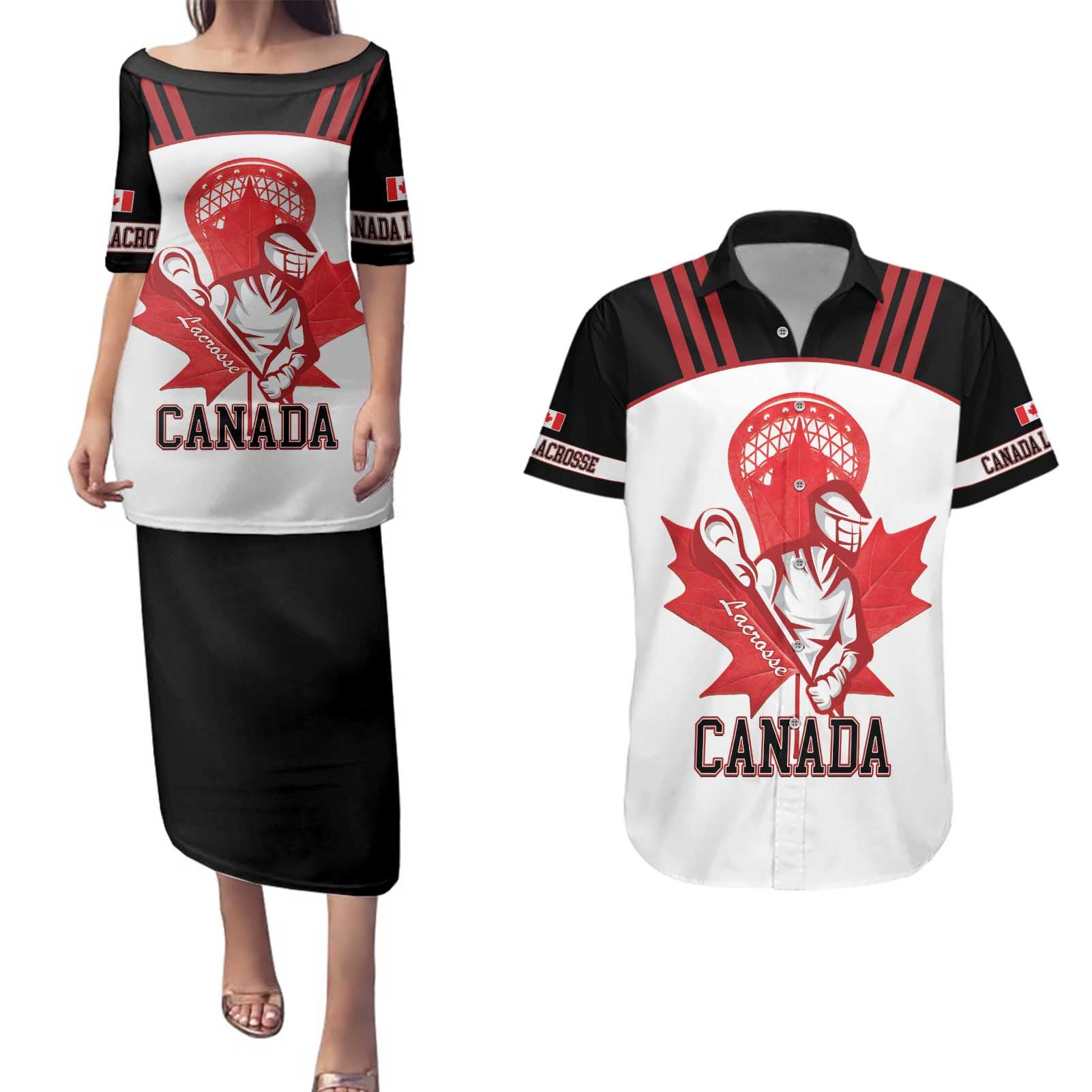 Custom Canada Lacrosse Couples Matching Puletasi and Hawaiian Shirt Go Champions Maple Leaf