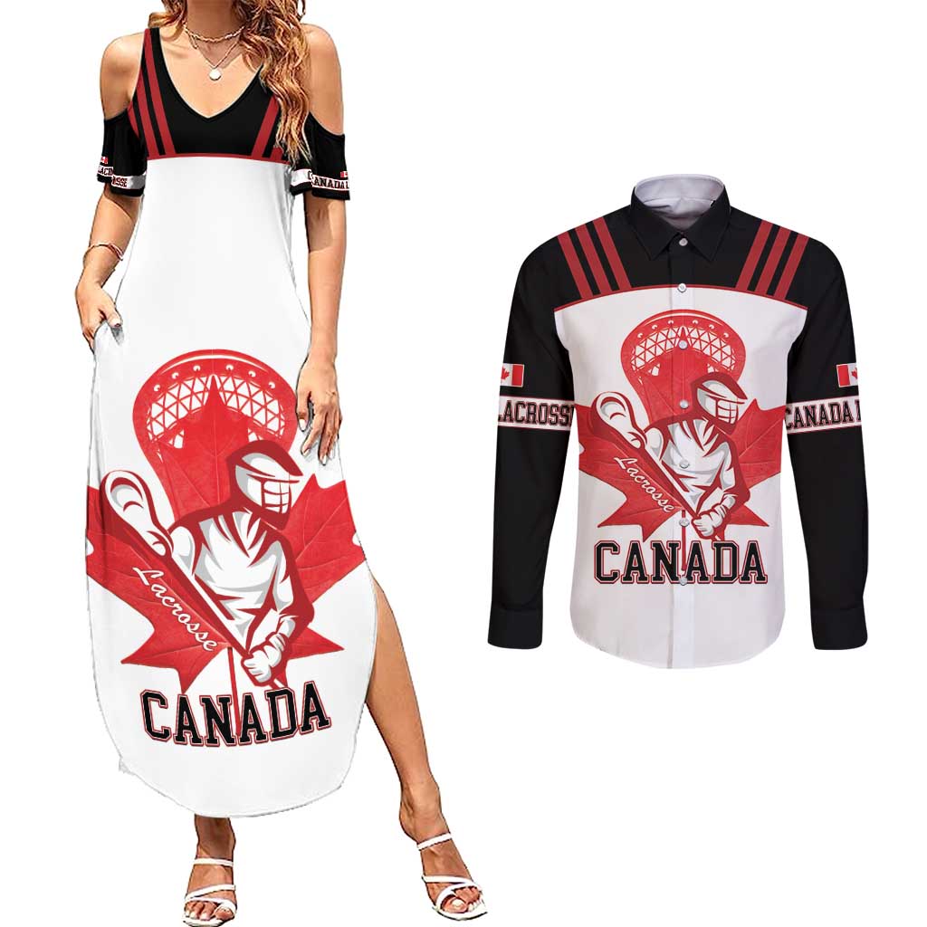 Custom Canada Lacrosse Couples Matching Summer Maxi Dress and Long Sleeve Button Shirt Go Champions Maple Leaf