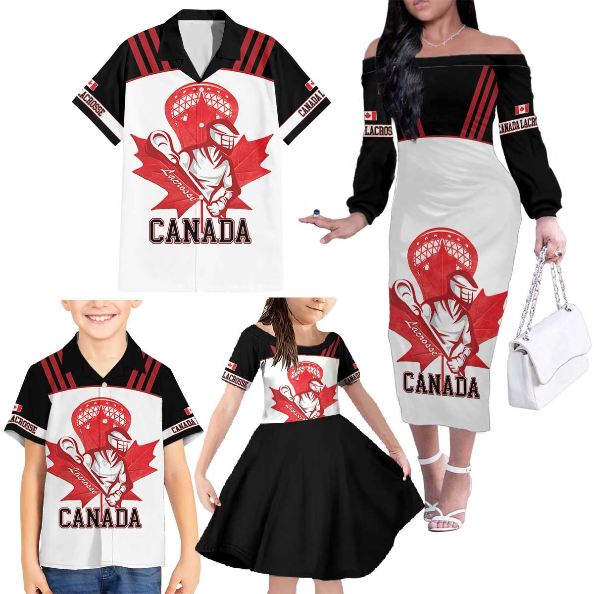 Custom Canada Lacrosse Family Matching Off The Shoulder Long Sleeve Dress and Hawaiian Shirt Go Champions Maple Leaf