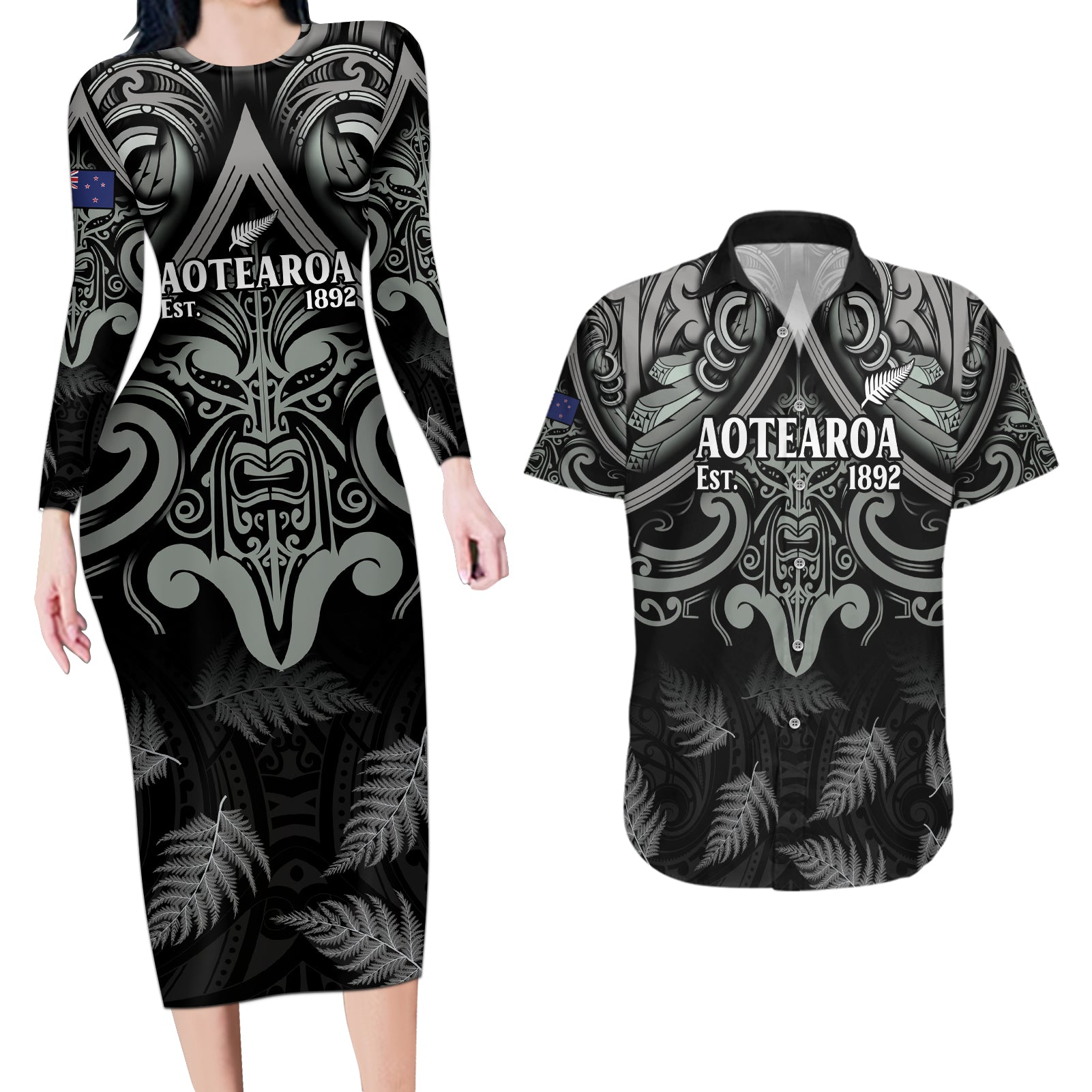 Custom New Zealand Silver Fern Rugby Couples Matching Long Sleeve Bodycon Dress and Hawaiian Shirt All Black Since 1892 Aotearoa Moko Maori - Wonder Print Shop