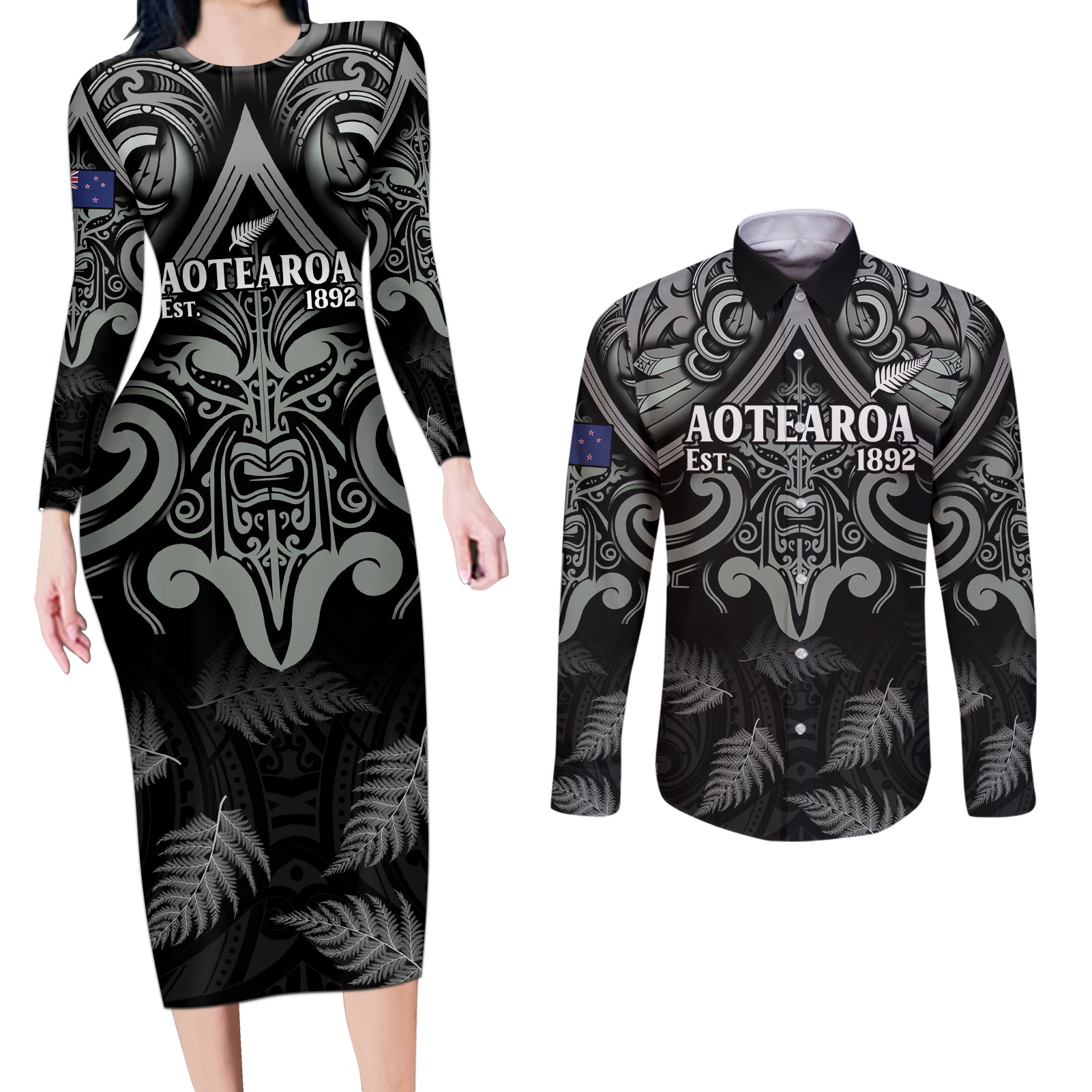 Custom New Zealand Silver Fern Rugby Couples Matching Long Sleeve Bodycon Dress and Long Sleeve Button Shirt All Black Since 1892 Aotearoa Moko Maori - Wonder Print Shop