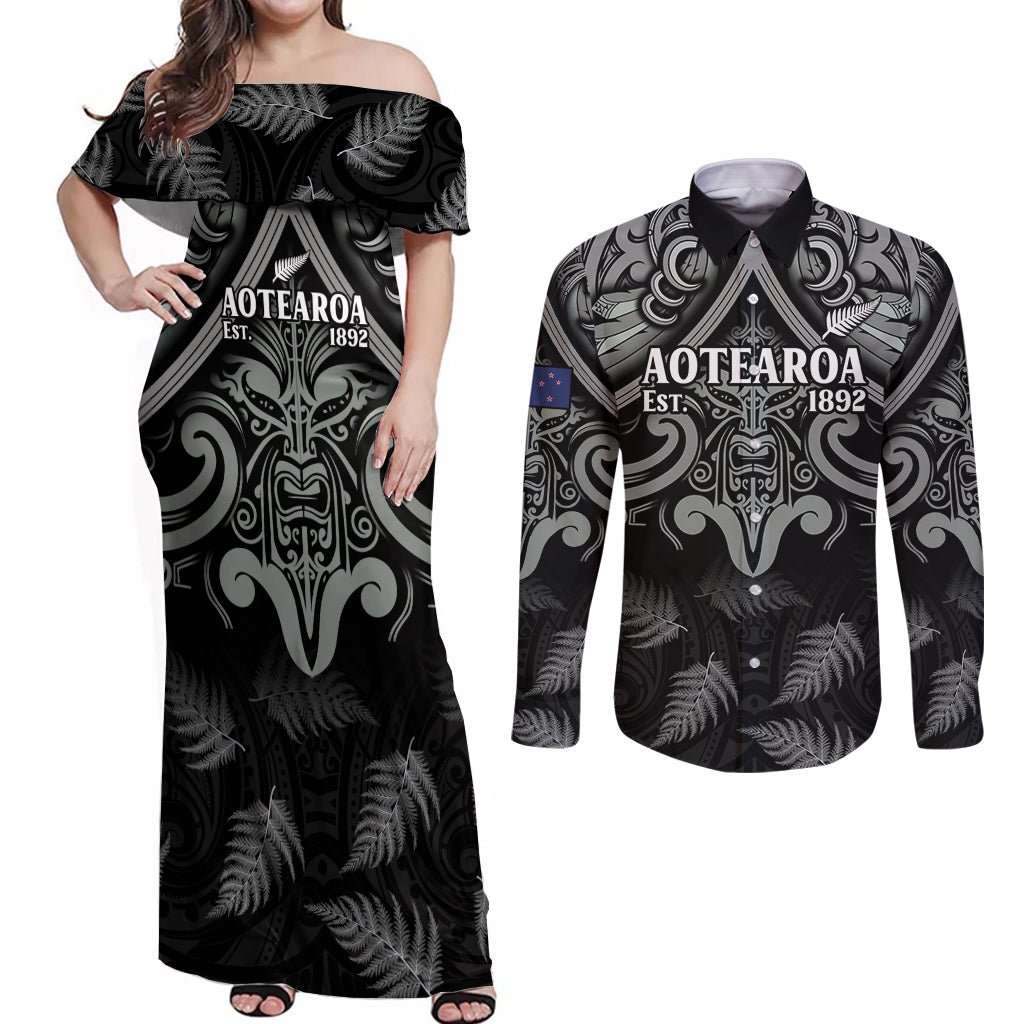 Custom New Zealand Silver Fern Rugby Couples Matching Off Shoulder Maxi Dress and Long Sleeve Button Shirt All Black Since 1892 Aotearoa Moko Maori - Wonder Print Shop