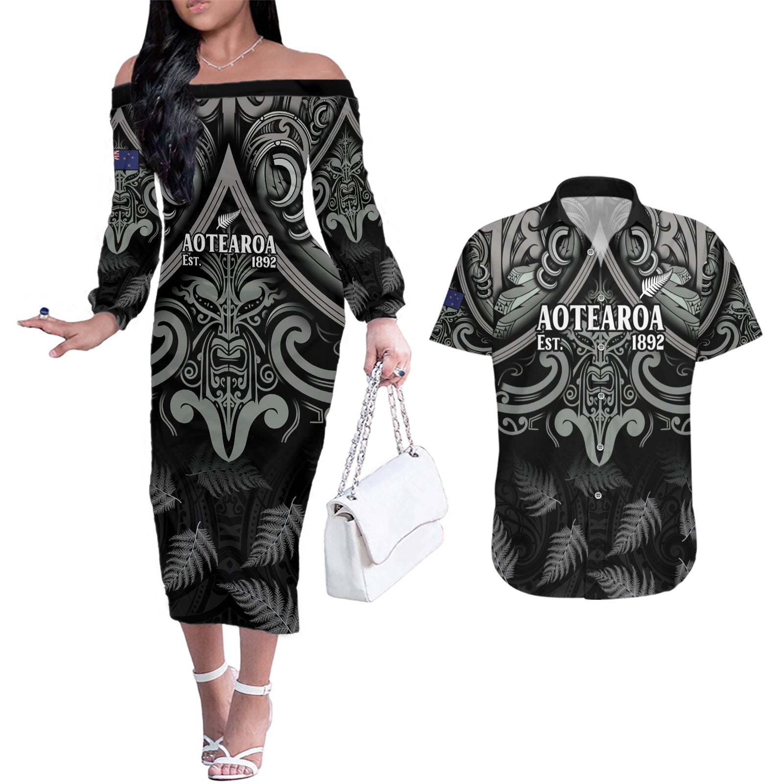 Custom New Zealand Silver Fern Rugby Couples Matching Off The Shoulder Long Sleeve Dress and Hawaiian Shirt All Black Since 1892 Aotearoa Moko Maori - Wonder Print Shop