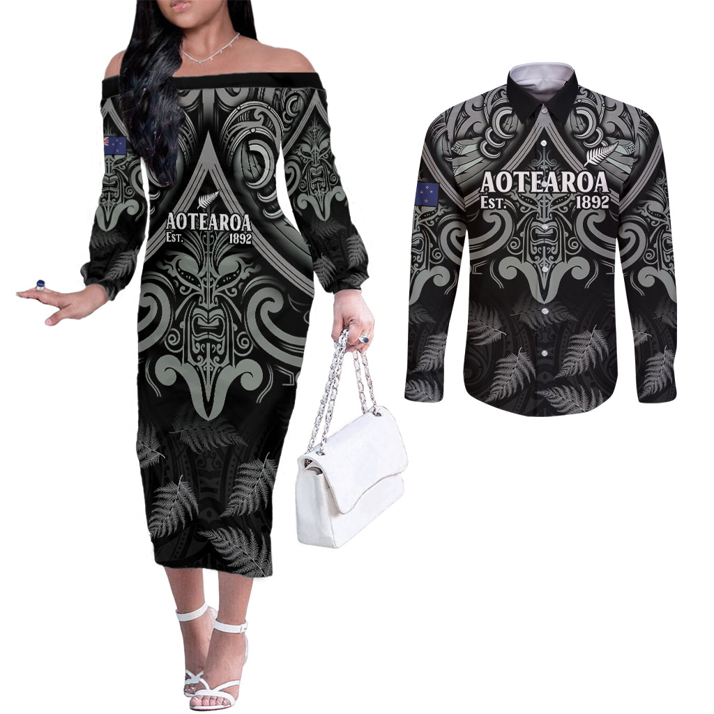 Custom New Zealand Silver Fern Rugby Couples Matching Off The Shoulder Long Sleeve Dress and Long Sleeve Button Shirt All Black Since 1892 Aotearoa Moko Maori