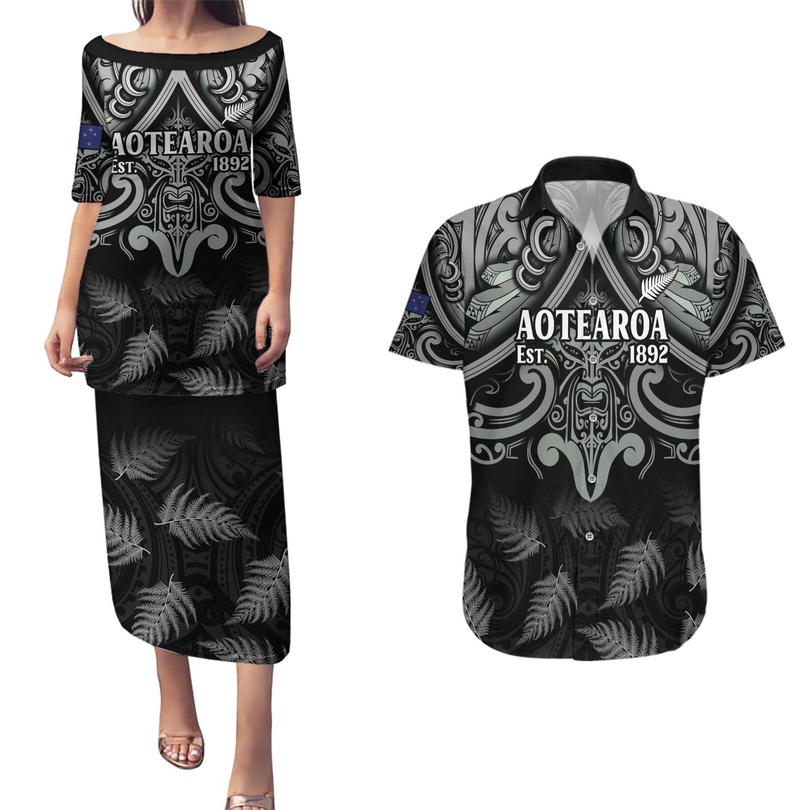 Custom New Zealand Silver Fern Rugby Couples Matching Puletasi and Hawaiian Shirt All Black Since 1892 Aotearoa Moko Maori - Wonder Print Shop