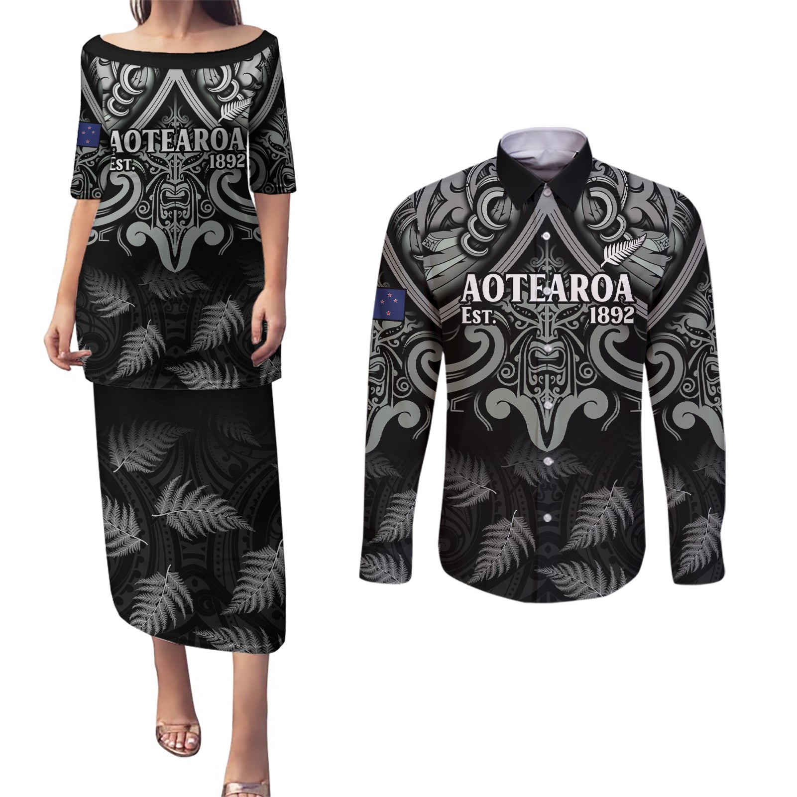 Custom New Zealand Silver Fern Rugby Couples Matching Puletasi and Long Sleeve Button Shirt All Black Since 1892 Aotearoa Moko Maori - Wonder Print Shop