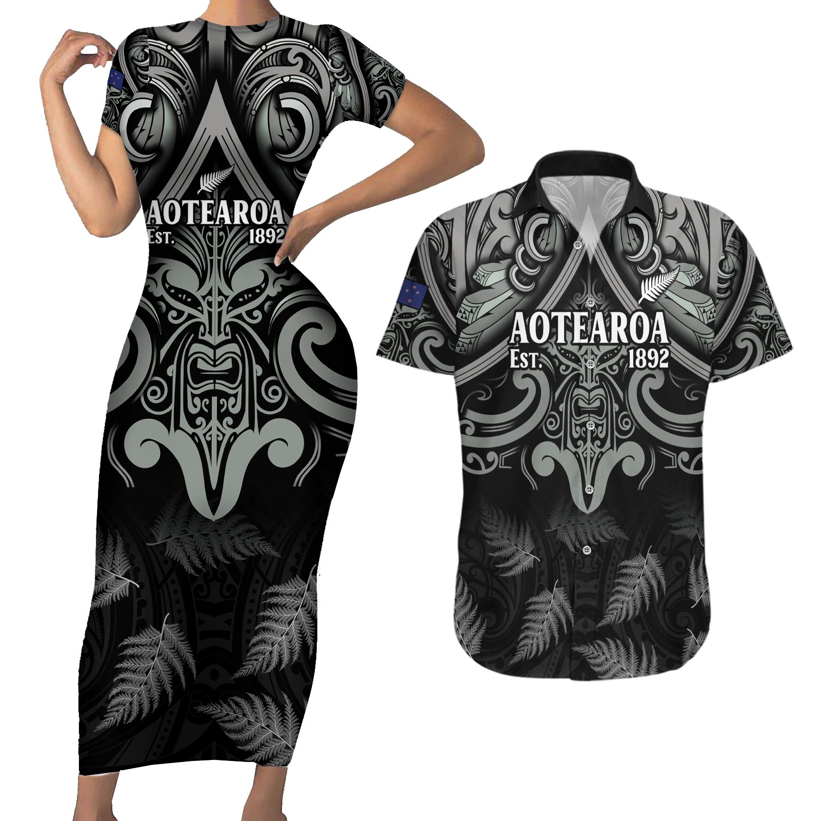 Custom New Zealand Silver Fern Rugby Couples Matching Short Sleeve Bodycon Dress and Hawaiian Shirt All Black Since 1892 Aotearoa Moko Maori - Wonder Print Shop