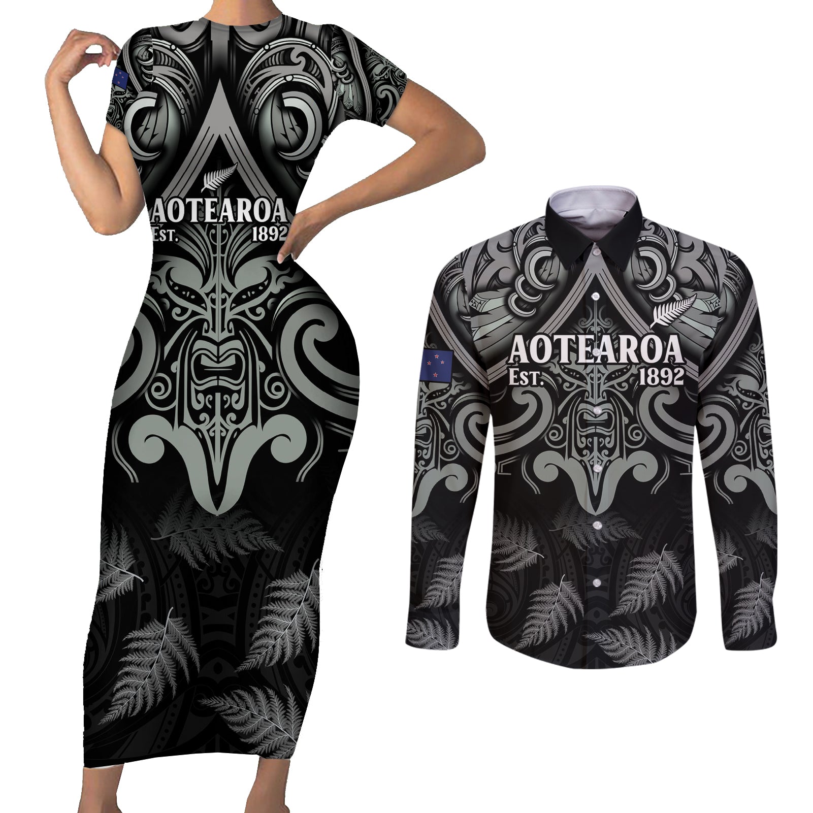 Custom New Zealand Silver Fern Rugby Couples Matching Short Sleeve Bodycon Dress and Long Sleeve Button Shirt All Black Since 1892 Aotearoa Moko Maori - Wonder Print Shop