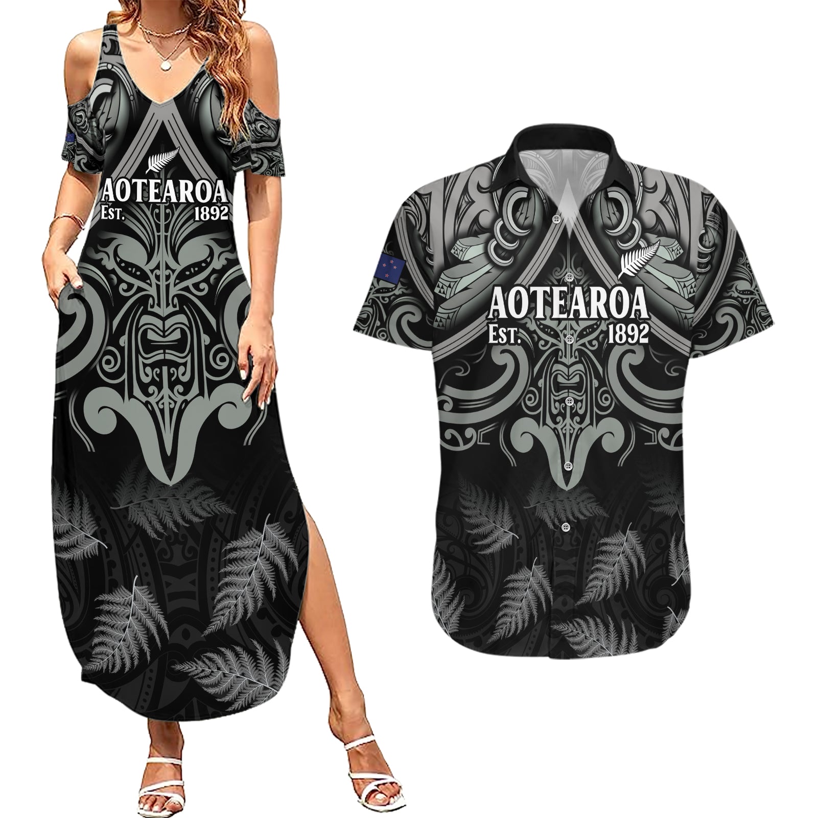 Custom New Zealand Silver Fern Rugby Couples Matching Summer Maxi Dress and Hawaiian Shirt All Black Since 1892 Aotearoa Moko Maori - Wonder Print Shop