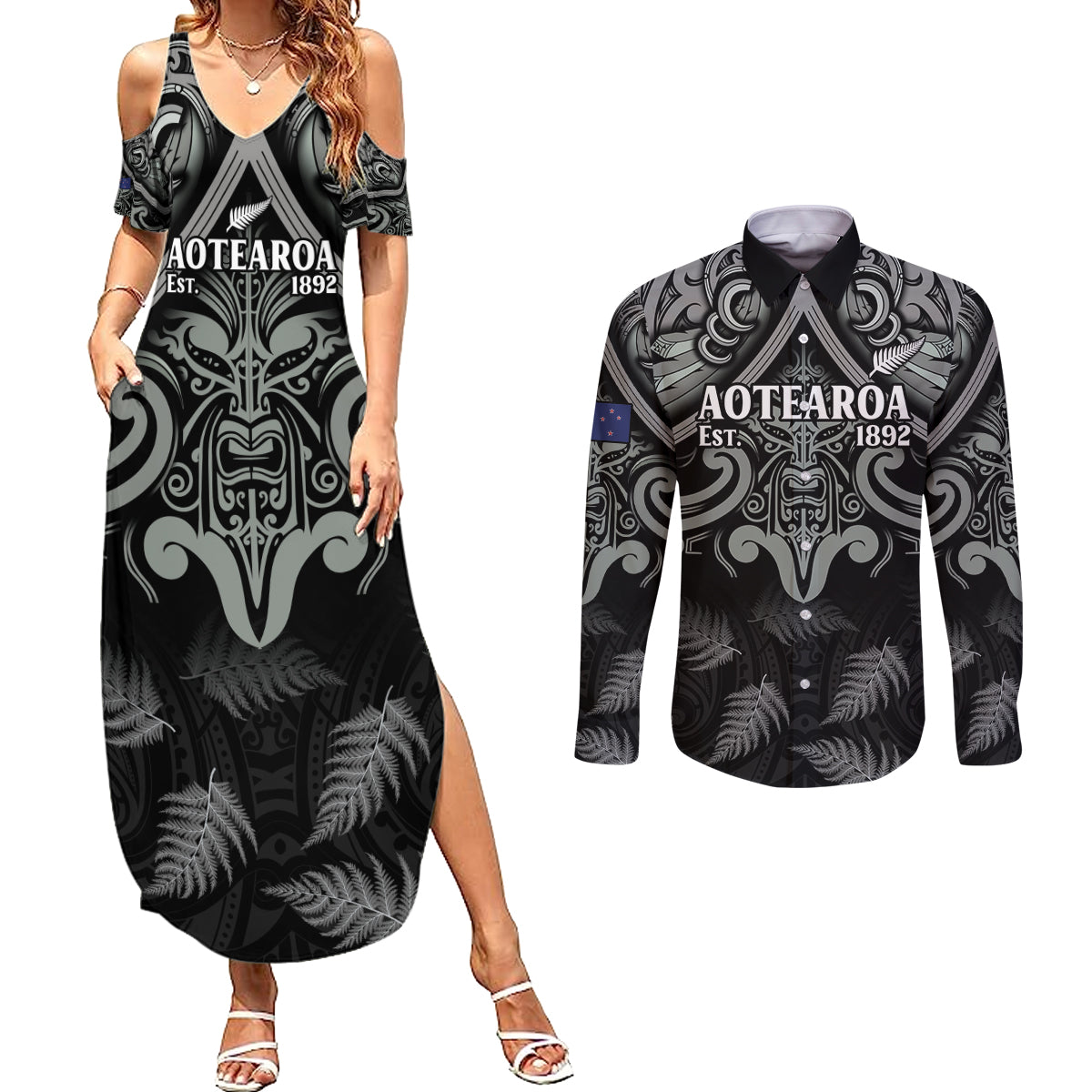 Custom New Zealand Silver Fern Rugby Couples Matching Summer Maxi Dress and Long Sleeve Button Shirt All Black Since 1892 Aotearoa Moko Maori - Wonder Print Shop