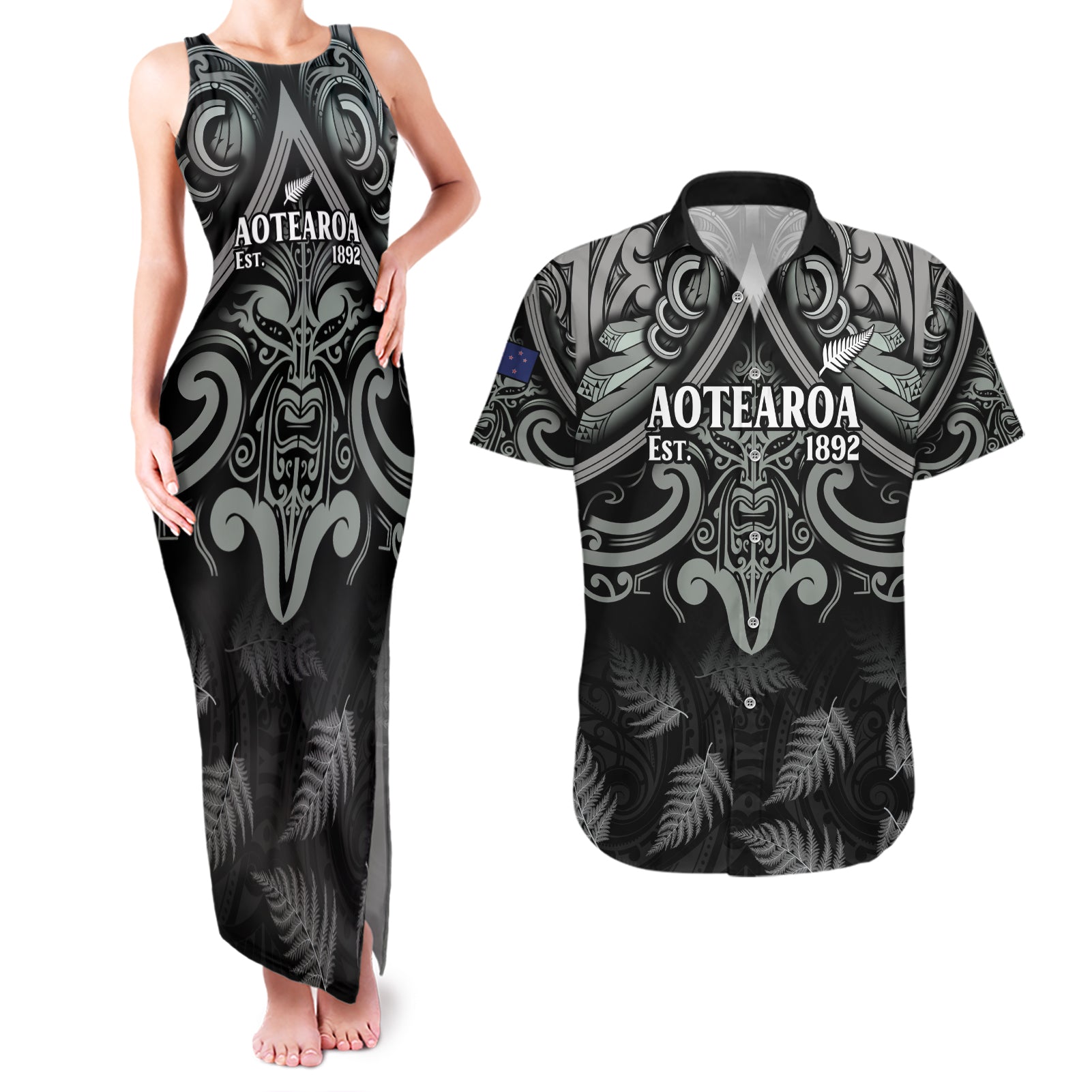 Custom New Zealand Silver Fern Rugby Couples Matching Tank Maxi Dress and Hawaiian Shirt All Black Since 1892 Aotearoa Moko Maori - Wonder Print Shop