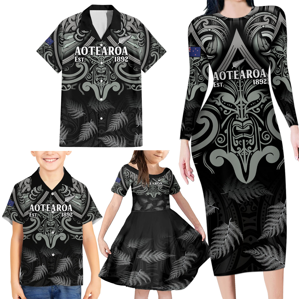 Custom New Zealand Silver Fern Rugby Family Matching Long Sleeve Bodycon Dress and Hawaiian Shirt All Black Since 1892 Aotearoa Moko Maori - Wonder Print Shop