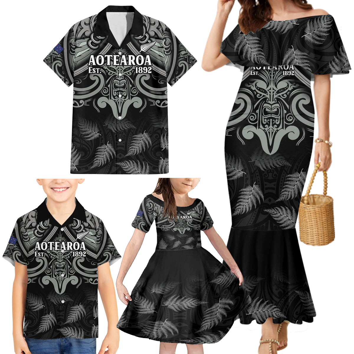 Custom New Zealand Silver Fern Rugby Family Matching Mermaid Dress and Hawaiian Shirt All Black Since 1892 Aotearoa Moko Maori - Wonder Print Shop